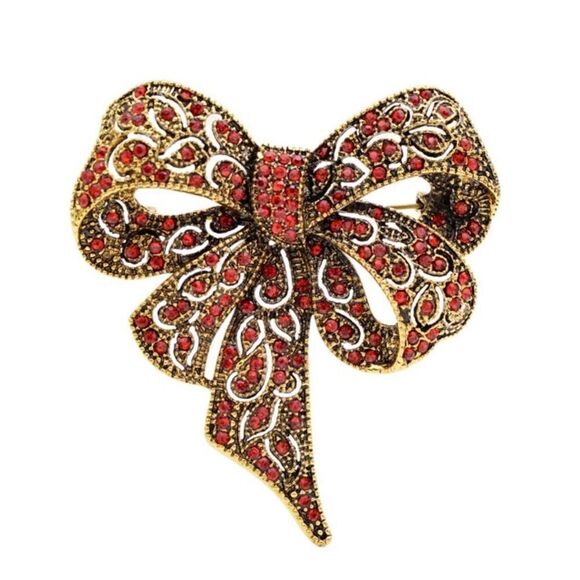Vintage Red Holiday Gold Deco Classic Rhinestone Bow Large Bowknot Brooch Pin🎁 - Picture 2 of 3
